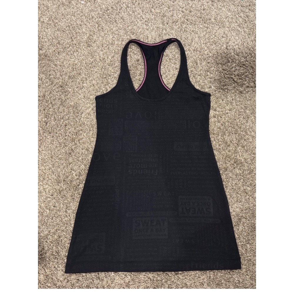 Lululemon Black Manifesto Print Racerback Tank Top Pink Trim Women Athleisure